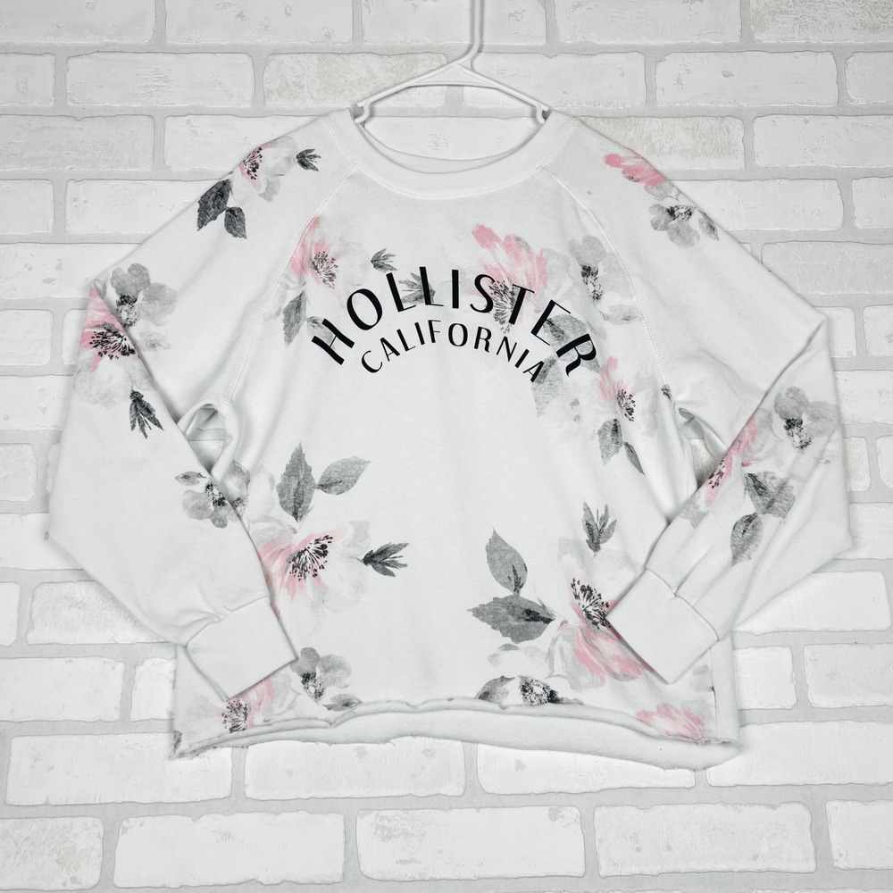 Hollister California Floral Graphic Sweatshirt White Pink Raglan Raw Hem Small